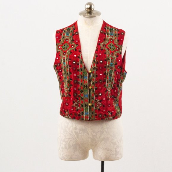 Vintage 70s M Silk Boho Beaded Vest Crop Top Red - Picture 5 of 11